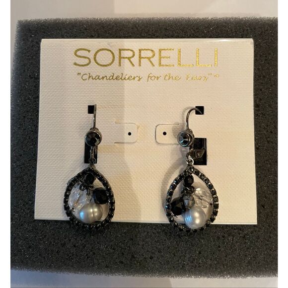 Sorrelli Black Crystal & Pearl Teardrop Earrings – Original Card - Picture 1 of 4